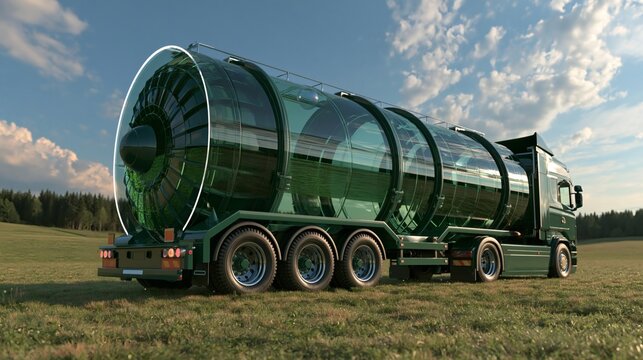 Biofuel tanker truck concept with baffled tank rings in deep green for algae slide graphics