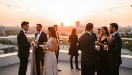 Fototapeta premium Rooftop sunset party social event elegant people formal attire celebration cocktail gathering luxury lifestyle urban city skyline evening