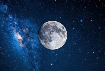 Fototapeta premium Full moon rising above vibrant blue cosmic galaxy with sparkling stars in deep space