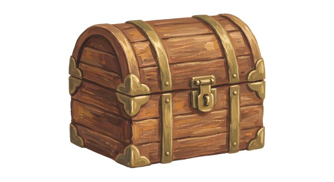 Hand drawn digital illustration of a vintage wooden treasure chest with brass metal fittings
