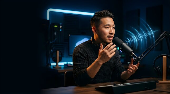 Asian man talking into a microphone recording a podcast in a home studio
