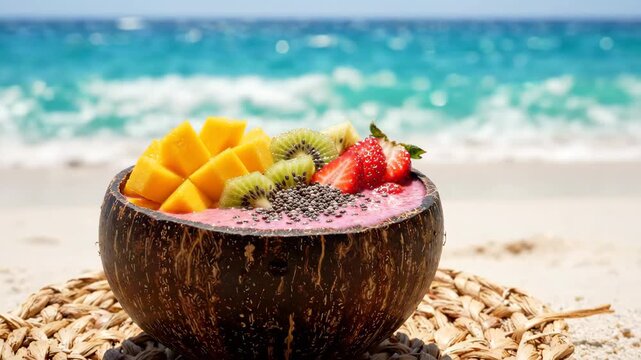 Refreshing fruit smoothie bowl in a coconut shell on a sunny tropical beach.