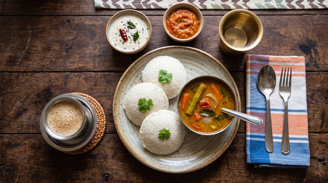 breakfast platter consisting of steamed rice cakes called Idli sambar and masals chai