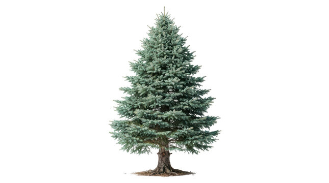A single beautiful green blue spruce pine tree on a summer day isolated on transparent background