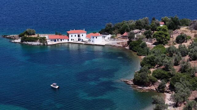 Aerial View of Tzasteni beach in Southern Pelion, in central Greece.	