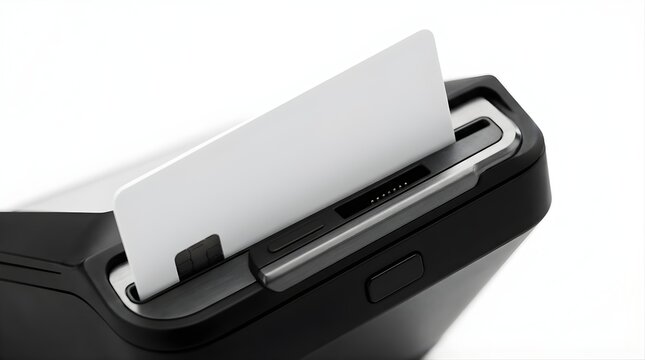 Blank white payment card inserted into a modern black chip card reader