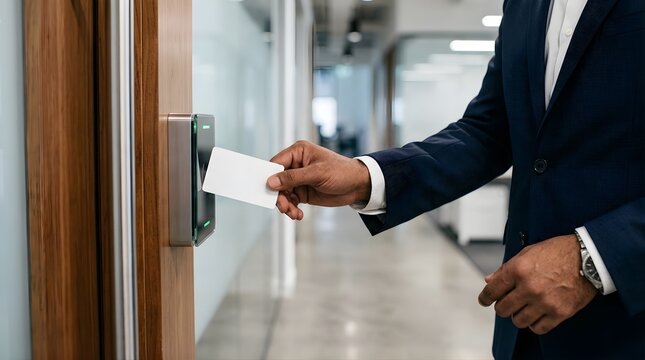 Businessman using key card to unlock office door at electronic scanner
