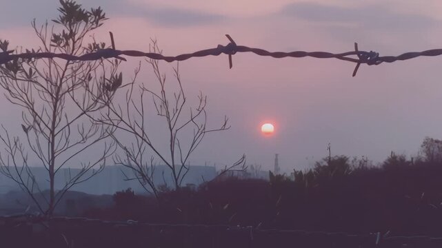 Sunset behind barbed wire fence with silhouetted branches and hazy horizon in rural landscape