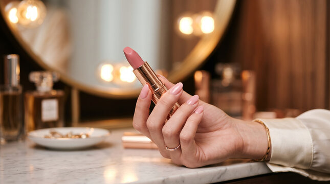 Female hand holding nude lipstick in gold case at vanity table