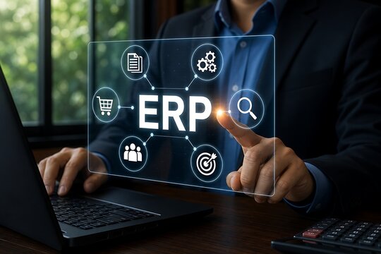 Business professional using erp software on laptop with holographic interface