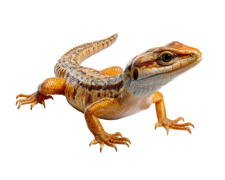 Lizard on White: A small lizard with patterned scales and striking orange coloration stands poised on a white surface, showcasing its intricate details.