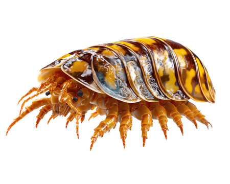 Orange Isopod Marvel: A striking orange and yellow patterned isopod displays its segmented exoskeleton and numerous legs, captured in sharp detail against a clean white backdrop.