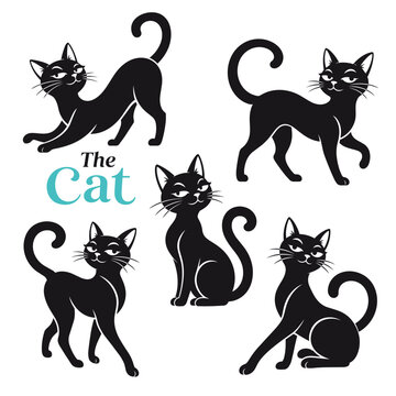 Elegant Black Cat Silhouette Character Set in Five Different Poses with Curled Tails, Expressive Feline Vector Collection