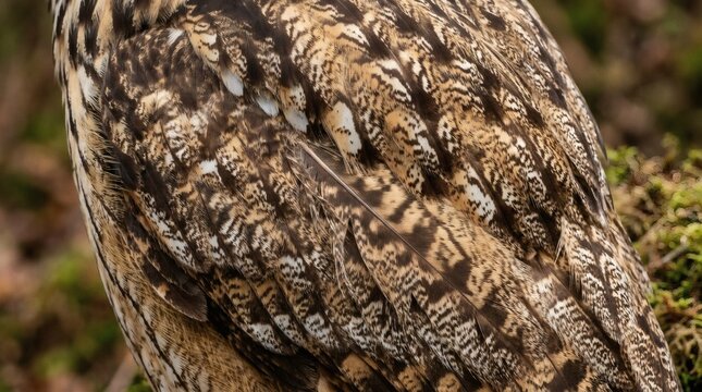 Detailed owl feathers showing complex camouflage patterns and textures in natural outdoor.