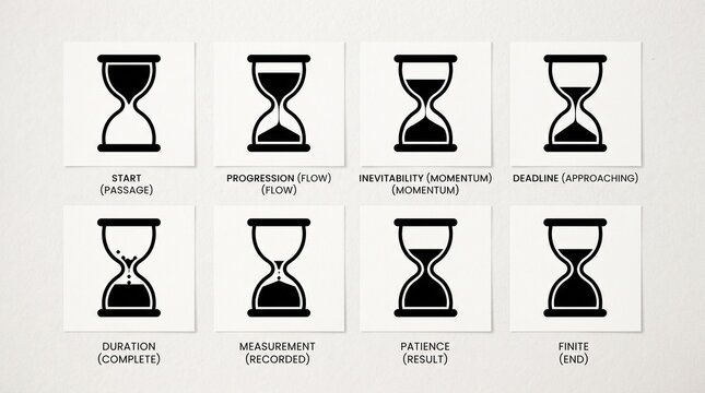 A symbolic grid of hourglass icons, representing beginnings, flow, and endings, celebrating progression, patience, and inevitability as timeless emblems of time and human experience.
