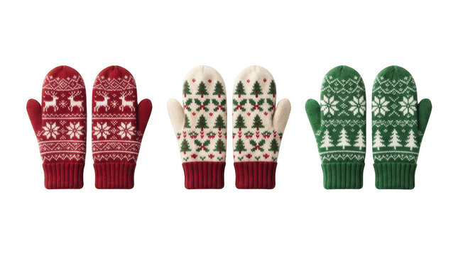 Three pairs of colorful knitted winter mittens for christmas holidays isolated on transparent background
