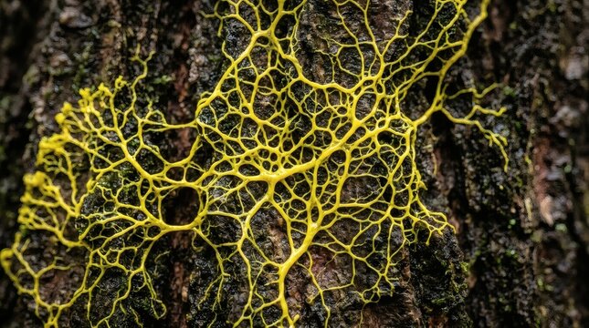 Vibrant yellow slime mold growing on dark tree bark in natural habitat.