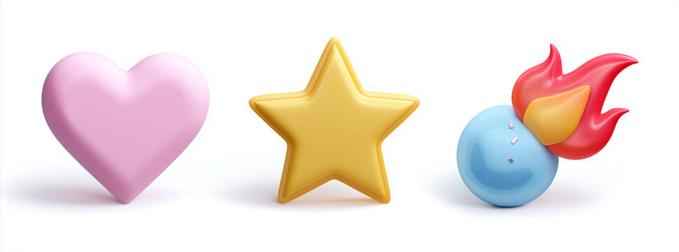 set of icons for social media heart, star, flame, and party popper, thumbs up, speech bubble, and arrow pointing right on a white background, 3d rendering,