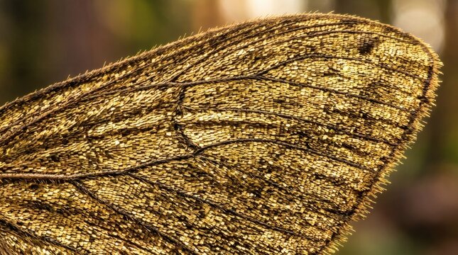 Macro view of insect wing showing golden scale pattern with delicate vein structures.