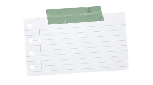 Blank lined index card with green masking tape on a transparent background