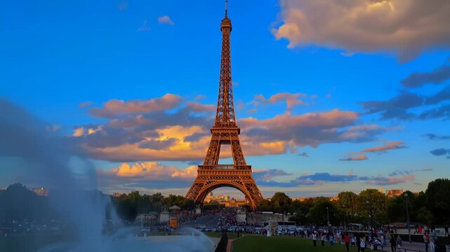 Eiffel Tower at Sunset in Paris with Fountain and Crowds, Golden Hour Twilight Scene