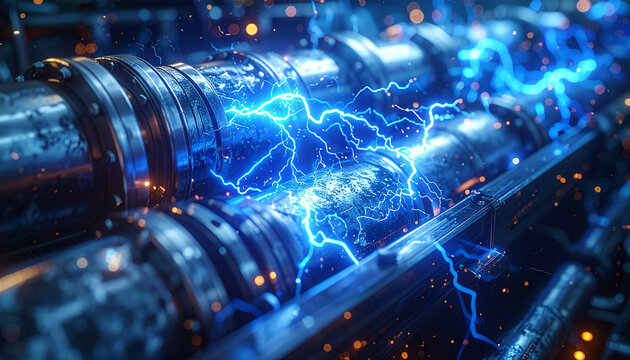Electrical Arcs in Industrial Machinery: Blue electrical arcs and sparks flash across complex industrial machinery.