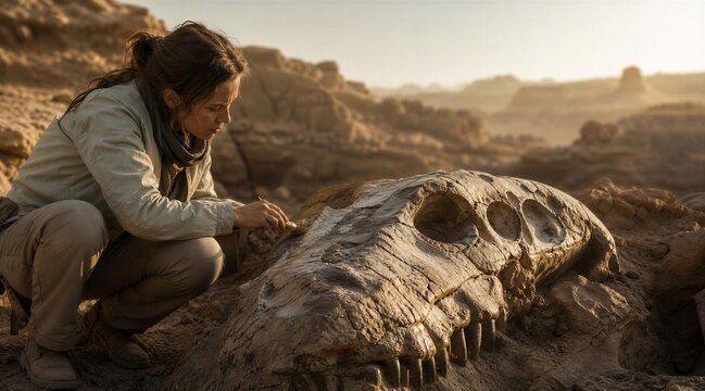 Female Paleontologist Excavating Dinosaur Skull in Desert