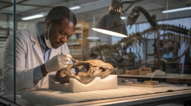 Paleontologist Cleaning Dinosaur Skull Fossil in Lab