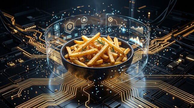 French fries with glowing golden circuit network, futuristic AI food technology concept for crispy cuisine, fast food and digital innovation.
