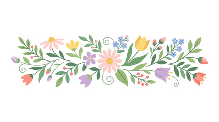 Fototapeta premium Horizontal Botanical Border with Hand Drawn Spring Wildflowers and Leaves