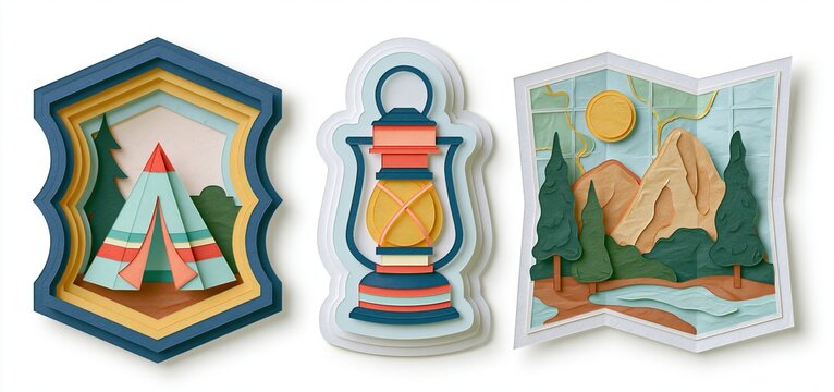 Outdoor adventure emblem with layered paper tent, lantern, and map for hiking and exploration themes.