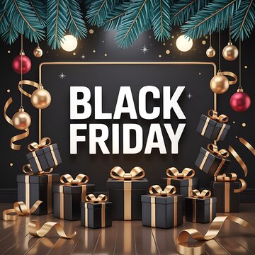 Elegant Black Friday sale display with gift boxes ornaments and festive pine branches