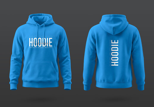 Blue Hoodie Mockup Front and Back View on Dark Background
