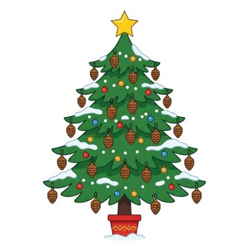 Christmas tree with pine cones and ornaments isolated on white