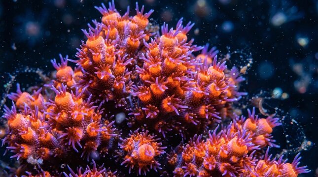 Zoanthid coral colony macro shot displaying vibrant orange polyps and purple tentacles sea.
