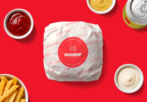 Top View Burger Wrapper Paper Mockup on Red Background