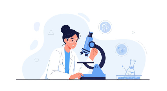 Scientist Female Using Microscope in Laboratory, Research, Biotechnology, Healthcare, Science Flat Illustration