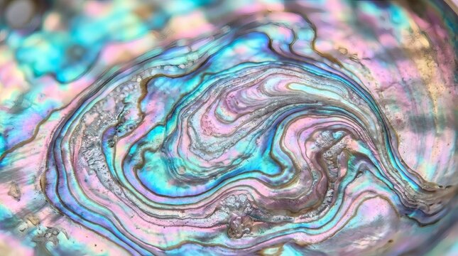 Iridescent abalone shell surface with smooth organic swirling patterns in pastel colors.