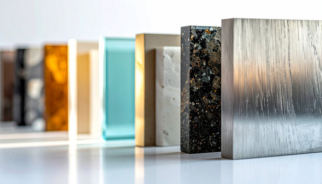 Array of Material Samples: A collection of diverse material samples displayed in a clean, modern arrangement, showcasing varied textures, colors, and finishes for design inspiration.