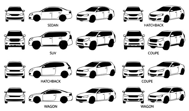White passenger car collection in three dimensional vector style isolated on white background