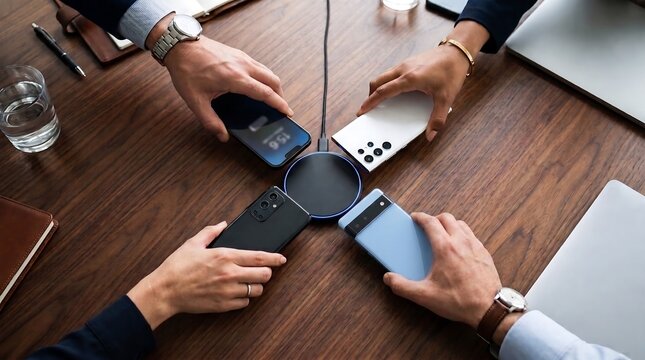 Business people placing smartphones on round wireless charger station on Wooden conference table.