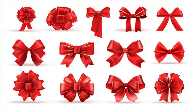 set of red gift bows isolated on a white background, vector illustration design with different types and shapes of realistic, elegant ribbon bows for decoration, print or web banner template, collecti