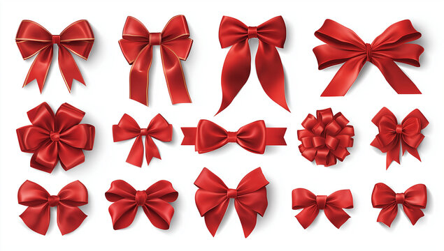 set of red gift bows isolated on a white background, vector illustration design with different types and shapes of realistic, elegant ribbon bows for decoration, print or web banner template, collecti