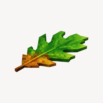 Pixelated oak leaf with green and brown hues on a white background.