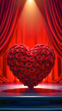 Heart-shaped arrangement of red roses on stage with spotlight. Copy space  