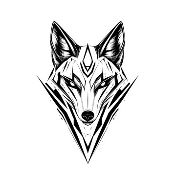 Geometric line art wolf head illustration in black and white isolated on a transparent background