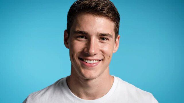 Cheerful young man with a bright smile posing against a vibrant blue background.