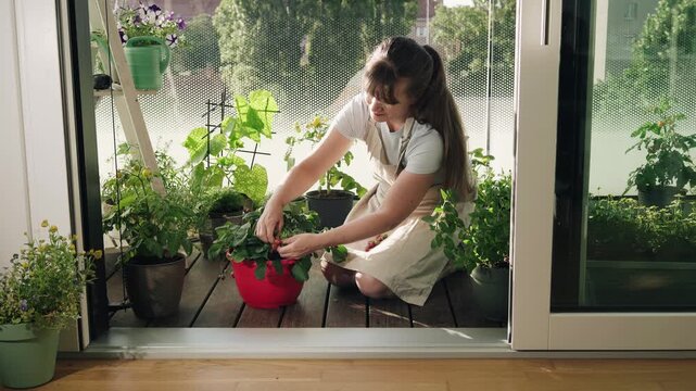 A young woman in a linen apron kneeling on her modern wooden terrace, carefully picking fresh red strawberries from a container plant