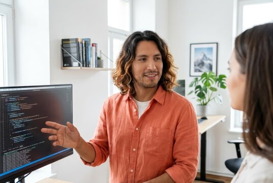 Generative AI, Developer explaining code on a monitor to a colleague in an office