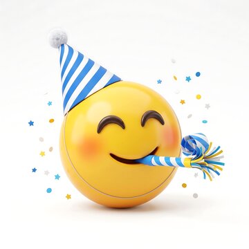 A happy yellow emoji wearing a party hat and blowing a colorful party horn with confetti
